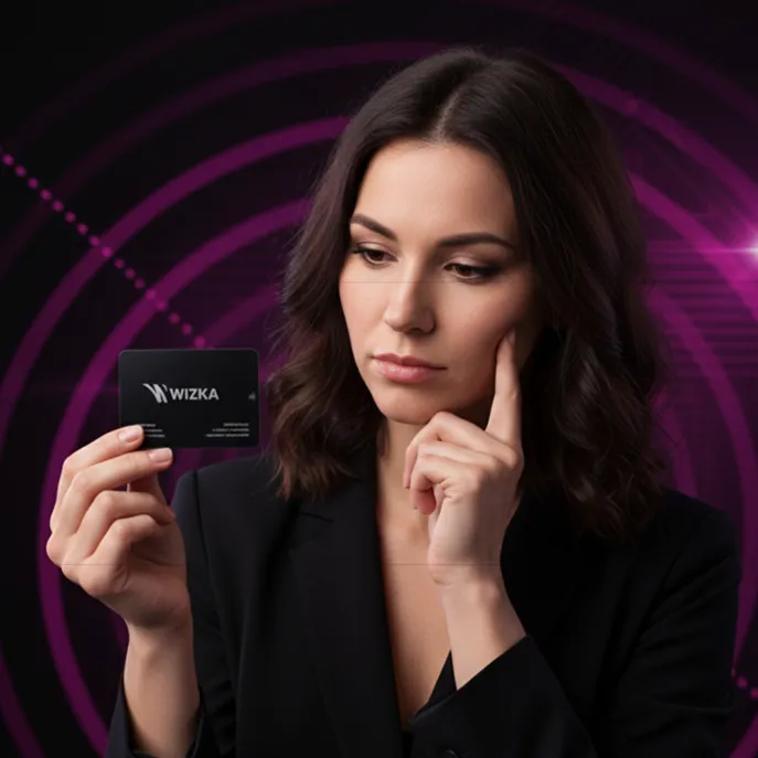 Kobieta trzymająca kartę Wizka NFC